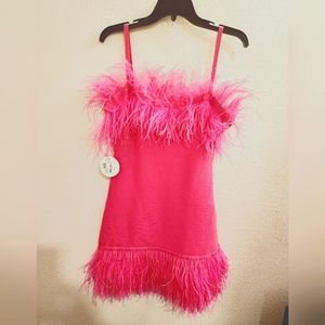 Brand new with tags Staud Hot Pink ostrich feather cocktail dress